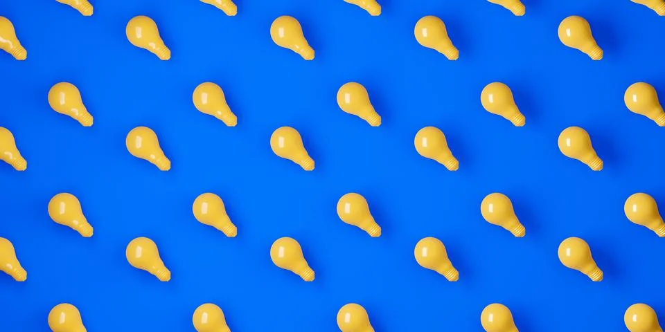 Diagonal array of yellow light bulbs over blue background, invention or innov Stock Illustration