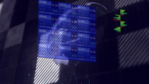 Diagonal bands sweeping, data panel with rotating globe revealing charts, Vídeos de archivo 335739568