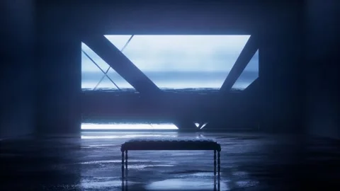 Diagonal beams sweeping across a bright screen with a bench Stock Footage 346782591