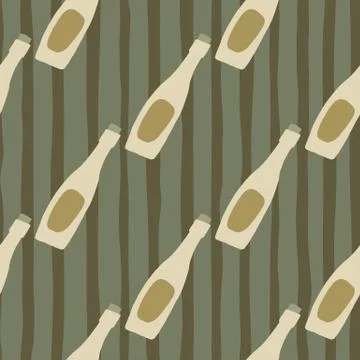 Diagonal bottle ornament seamless pattern. Doodle hand drawn acohol shapes in Illustrazione stock