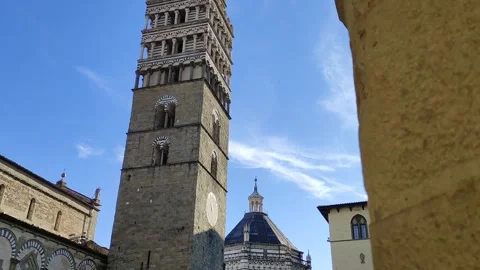 Diagonal Camera Movement on Pistoia Cathedral Bell Tower, Tuscany, Italy Stock Footage 345449193