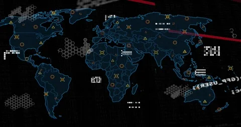 Diagonal code scrolling triggers wireframe map expansion red beam scanning icons Stock Footage 317369216