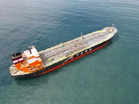 Diagonal Composition: Aerial Image of Cargo Ship in Acapulco Bay Horizontal View Stock Photos