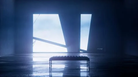 Diagonal dark beams crossing a bright screen behind a bench Stock Illustration