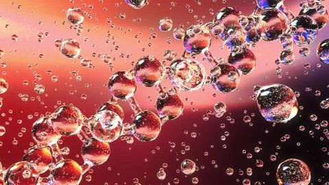 Diagonal DNA molecule and multiple droplets. Biochemistry, medicine or genetic Stock Illustration