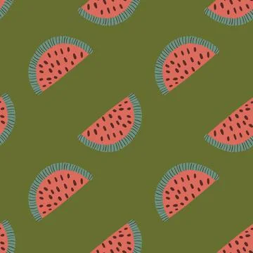 Diagonal doodle pink watermelon elements slice seamless pattern. Green olive  Stock Illustration