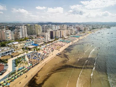 Diagonal Drone View of Durres Beach Coast and Sunlit Sea Albania Stock Photos