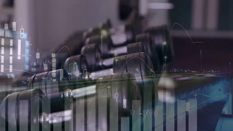 Diagonal dumbbell rack staying still while financial overlay appearing on rack Stock Footage 331635289