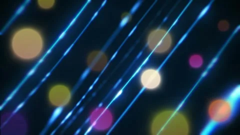 Diagonal glowing blue streaks intersecting multi colored floating soft circular Stock Footage 345134493