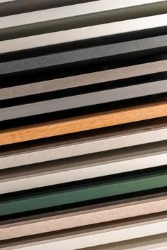 Diagonal kitchen cabinet samples with materials and colors. Modern furnitur.. Stock Photos