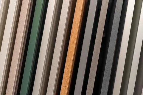 Diagonal kitchen cabinet samples with textures and colors. Modern furniture.. Stock Photos
