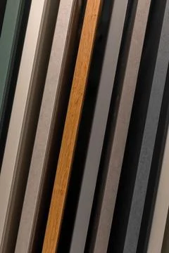 Diagonal kitchen cabinet samples with textures and colors. Modern furniture.. Stock Photos