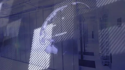 Diagonal lights causing map bits forming rotating globe over racks, showing Stock Footage 333830345