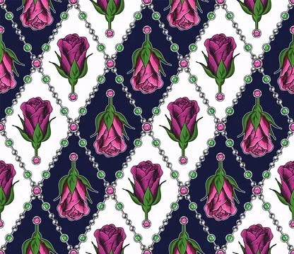Diagonal pattern with chains, gems, pink roses 스톡 일러스트