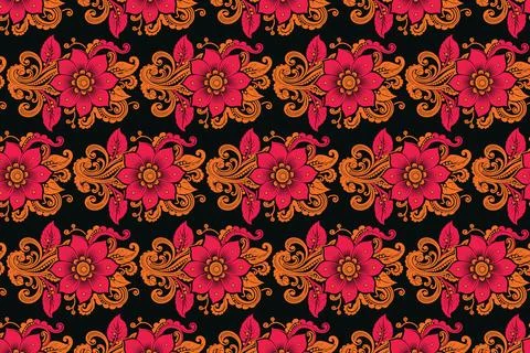 Diagonal Pattern of Detailed Pink and Orange Flowers on a Black Background Stock Illustration