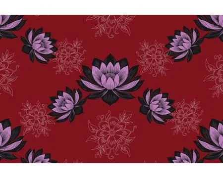 Diagonal Pattern of Detailed Pink and Black Lotus Flowers on a Deep Red Bac.. Stock Illustration