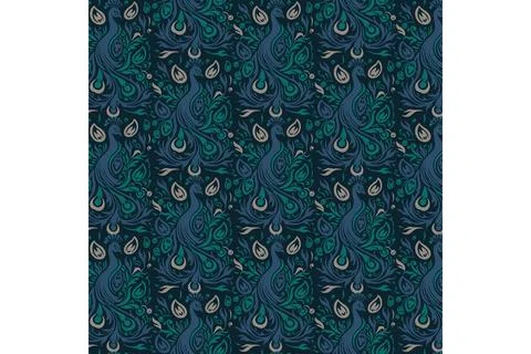 Diagonal Pattern of Metallic Blue and Green Peacock Feathers on Dark Blue B.. Stock Illustration