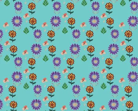 Diagonal Pattern of Orange and Purple Flowers with Yellow Centers on a Ligh.. Stock Illustration