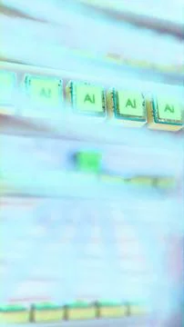 Diagonal perspective of multiple AI microchips aligned on a glowing circuit.. イラスト素材