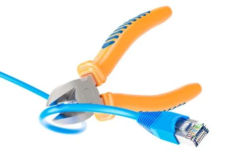 Diagonal pliers cutting lan network computer cable, 3D rendering Stockillustratie