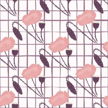 Diagonal poppy elements seamless doodle pattern. Pink flowers on white backgr 스톡 일러스트