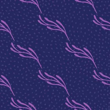 Diagonal purple colored branches seamless doodle pattern. Navy blue backgroun Stock Illustration