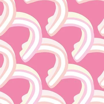 Diagonal rainbow shapes seamless pattern. White hand drawn ornament. Pink bri Stock Illustration