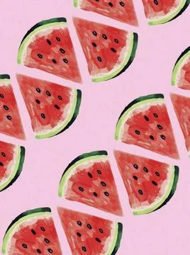 A diagonal repeating pattern of painted watermelon slices on a pink backgr... Stock Photos