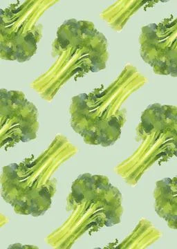 A diagonal repeating pattern of watercolor broccoli florets on a light gre... Foto stock