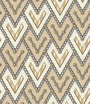 Diagonal rhombus pattern with gold chains, beads. イラスト素材