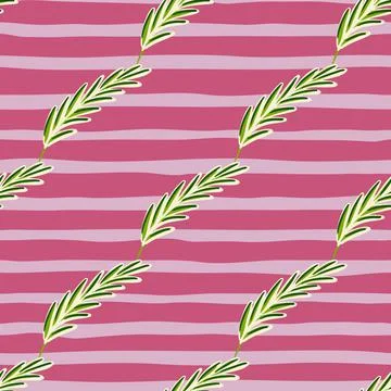 Diagonal rosemary elements seamless pattern. Pink striped background. Organic Stock Illustration