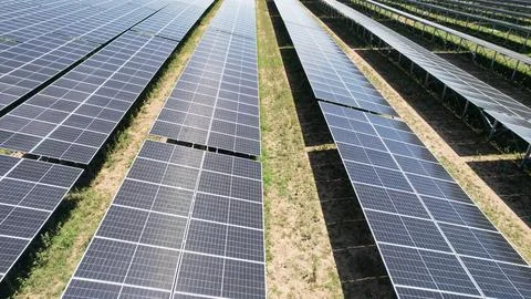 Diagonal rows of solar panels with grass strips between them Fotos Stock