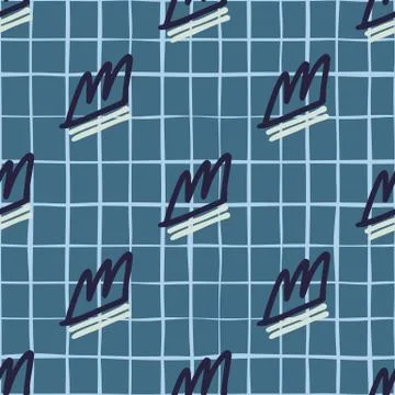 Diagonal seamless pattern with dark contoured crown silhouettes. Navy blue ba Illustrazione stock