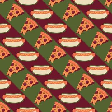 Diagonal seamless pattern with pizza slices and hot dogs on a green and bur.. Stock Illustration