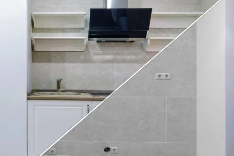 Diagonal split of the new modern kitchen before and after installation, close 스톡 사진