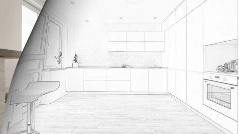 Diagonal Split Screen Of Drawing and Photo of Beautiful New Kitchen. Video stock 147507058