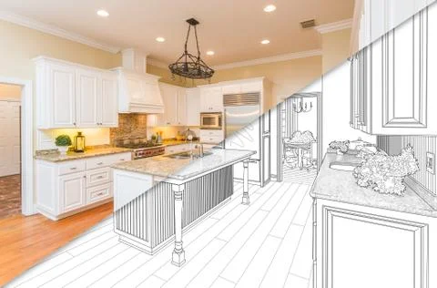 Diagonal Split Screen Of Drawing and Photo of Beautiful New Kitchen. 스톡 사진