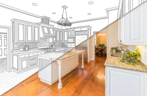 Diagonal Split Screen Of Drawing and Photo of Beautiful New Kitchen. 스톡 사진