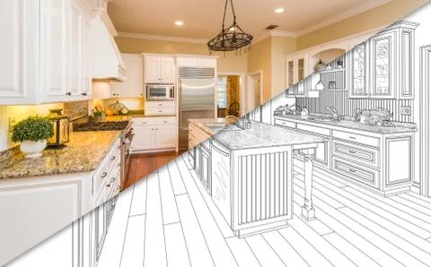 Diagonal Split Screen Of Drawing and Photo of Beautiful New Kitchen. 스톡 사진