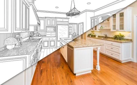 Diagonal Split Screen Of Drawing and Photo of Beautiful New Kitchen. 스톡 사진