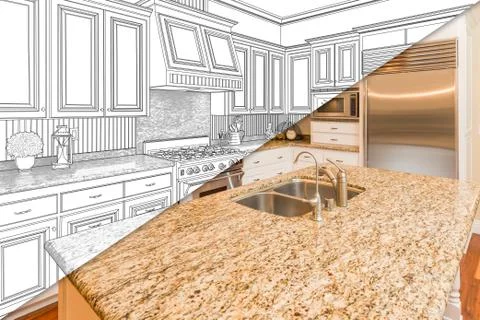 Diagonal Split Screen Of Drawing and Photo of Beautiful New Kitchen. 스톡 사진