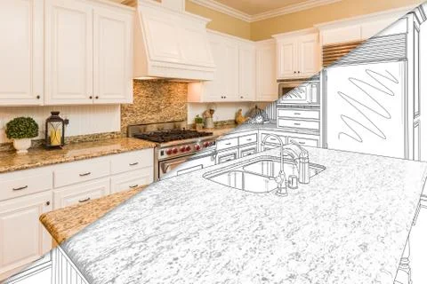 Diagonal Split Screen Of Drawing and Photo of Beautiful New Kitchen. 스톡 사진