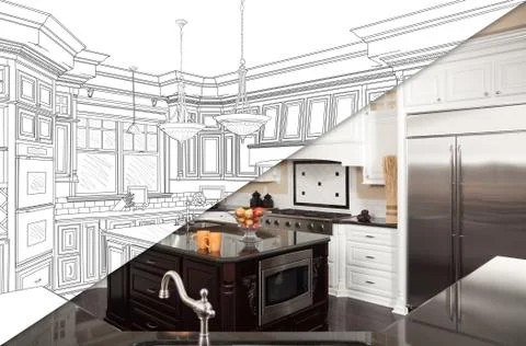 Diagonal Split Screen Of Drawing and Photo of Beautiful New Kitchen. 스톡 사진