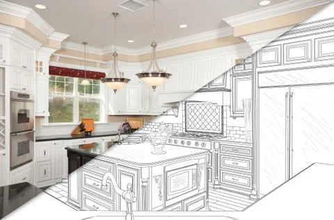 Diagonal Split Screen Of Drawing and Photo of Beautiful New Kitchen. 스톡 사진