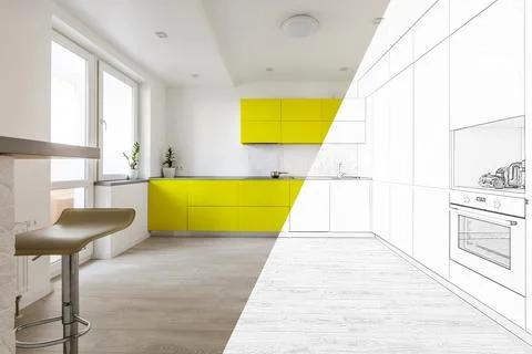 Diagonal Split Screen Of Drawing and Photo of Beautiful New Kitchen. 스톡 사진