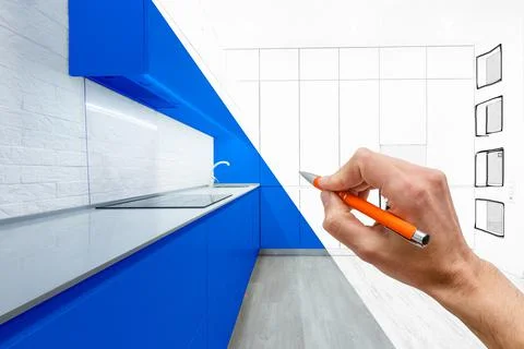 Diagonal Split Screen Of Drawing and Photo of Beautiful New Kitchen. 스톡 사진