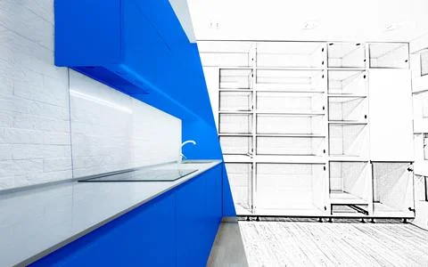 Diagonal Split Screen Of Drawing and Photo of Beautiful New Kitchen. 스톡 사진