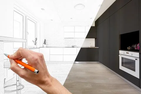 Diagonal Split Screen Of Drawing and Photo of Beautiful New Kitchen. 스톡 사진