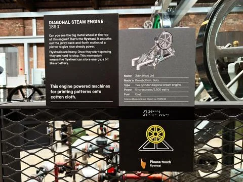 Diagonal steam engine exhibit with flywheel and information panel at Scienc.. Foto stock
