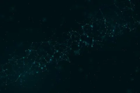 A diagonal stream of interconnected teal points crosses a dark abstract fie.. Stock Illustration